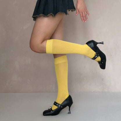 Yellow Cotton Knee High Socks