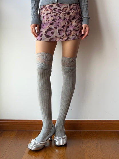 Grey Lace Cotton Over the Knee Socks