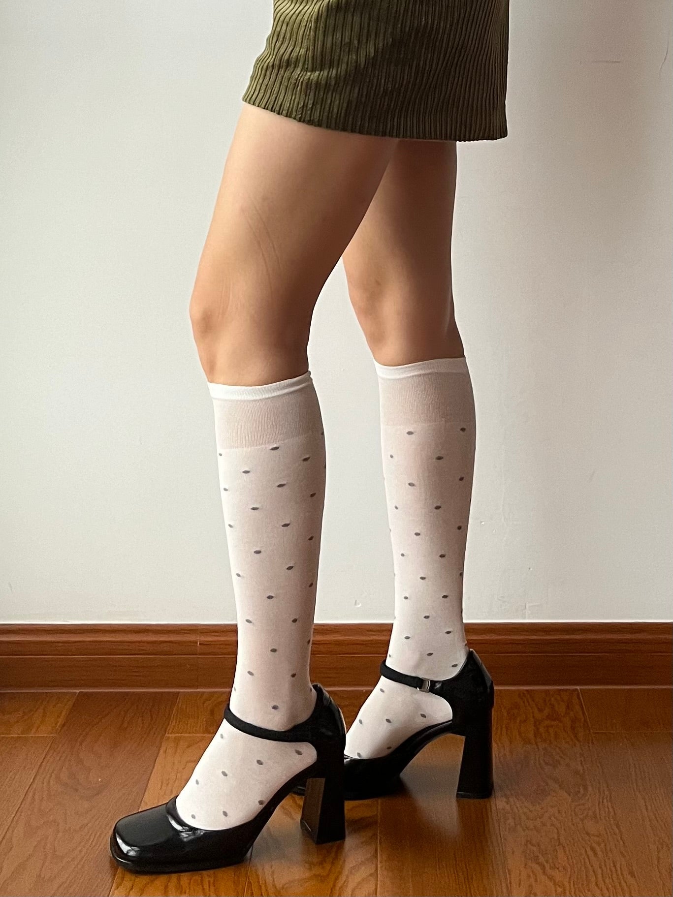 White Polka Dots 240N Modal Knee High Socks