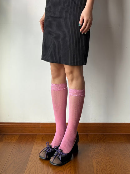 Raspberry Lace Edge Fishnet Knee High Socks