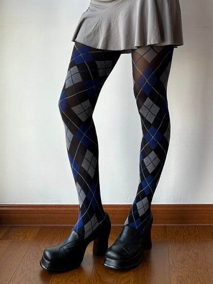 Vintage Style Blue Check Pattern Tights