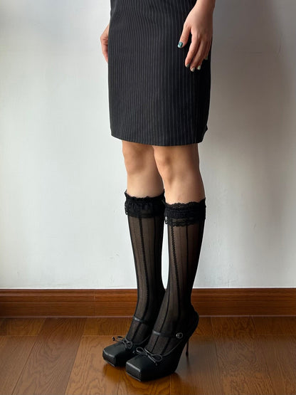 Black Ruffle Stripe Pattern Sheer Knee High Socks