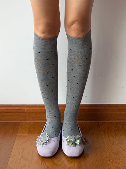 Gray Polka Dots Cotton Knee High Socks