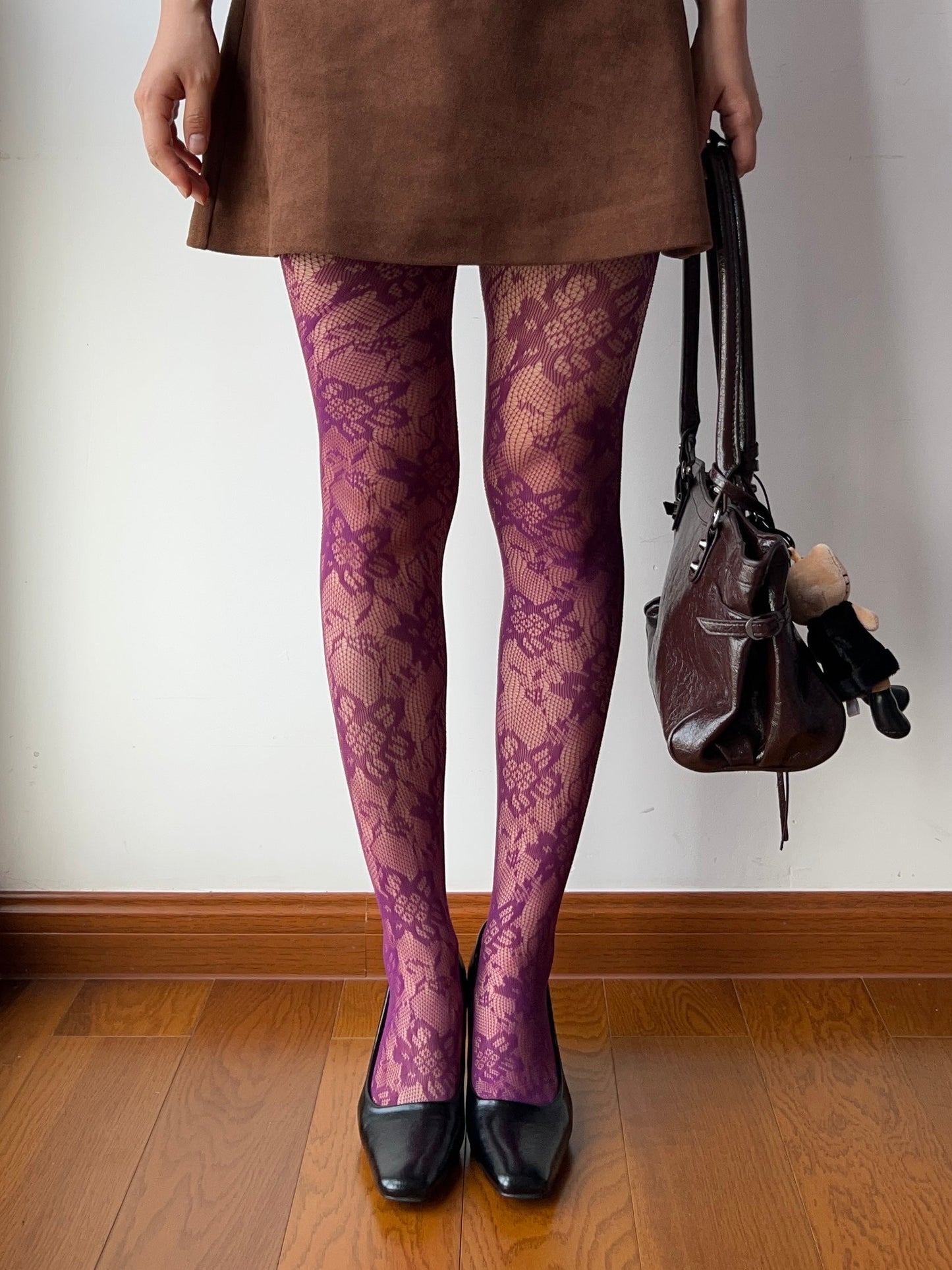 Violet Floral Pattern Fishnet Tights