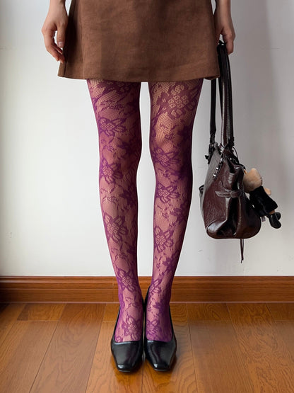 Violet Floral Pattern Fishnet Tights