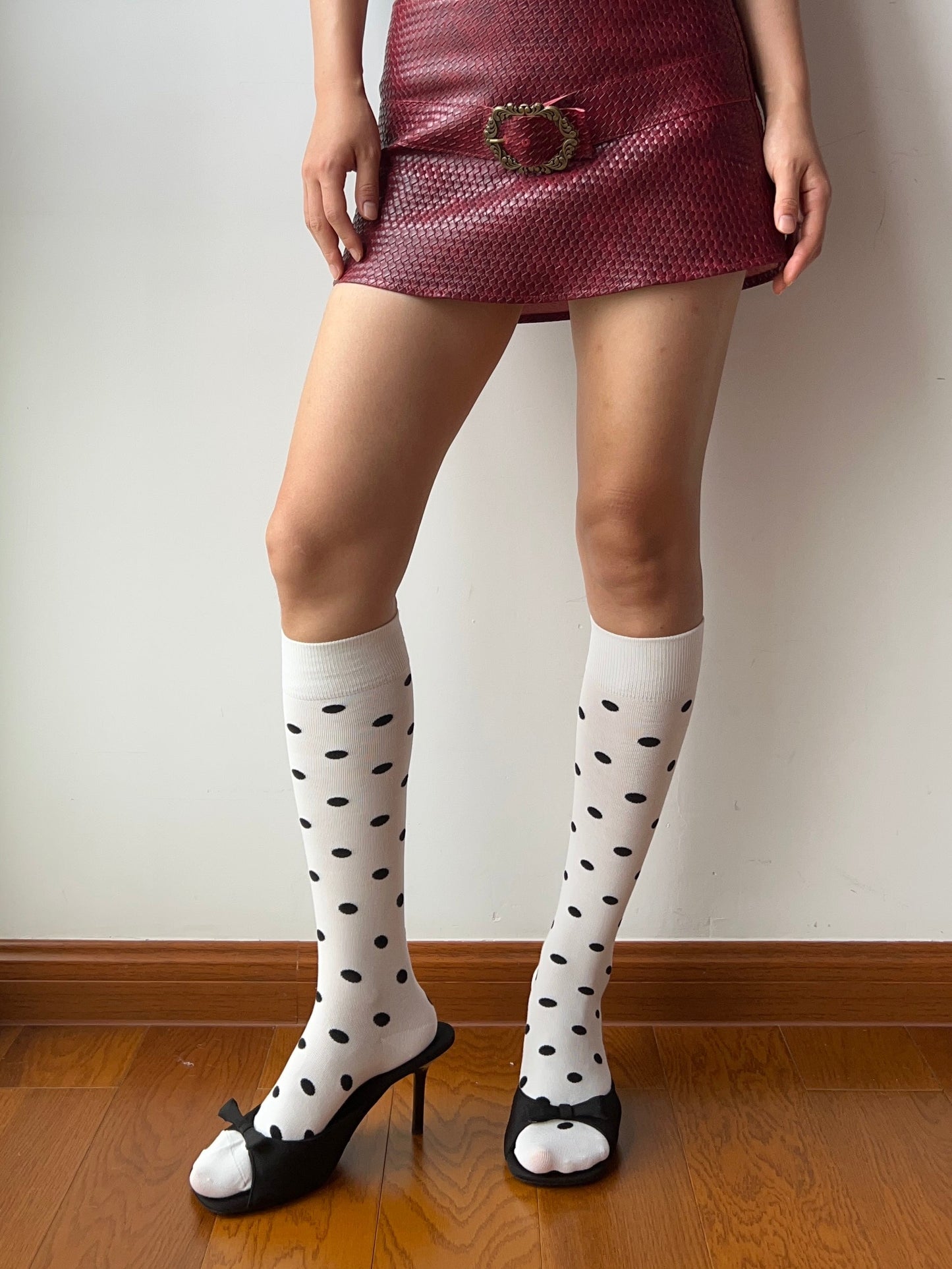 White Polka Dots Cotton Knee High Socks