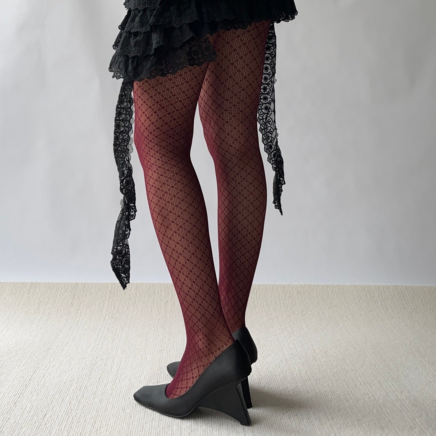 Burgundy Check Pattern Fishnet Tights
