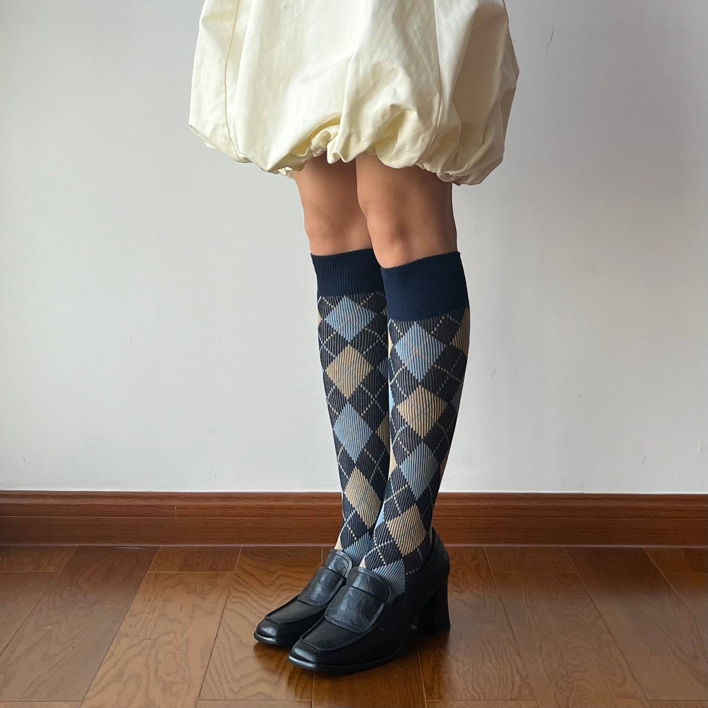 Blue Check Pattern Cotton Knee High Socks