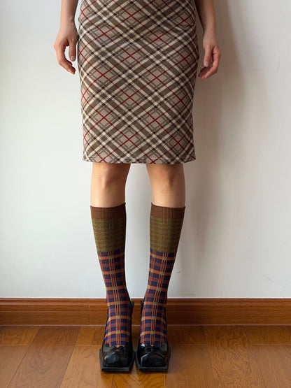 Olive Green+Dark Blue Double Knitting Knee High Socks