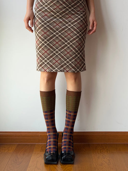 Olive Green+Dark Blue Double Knitting Knee High Socks