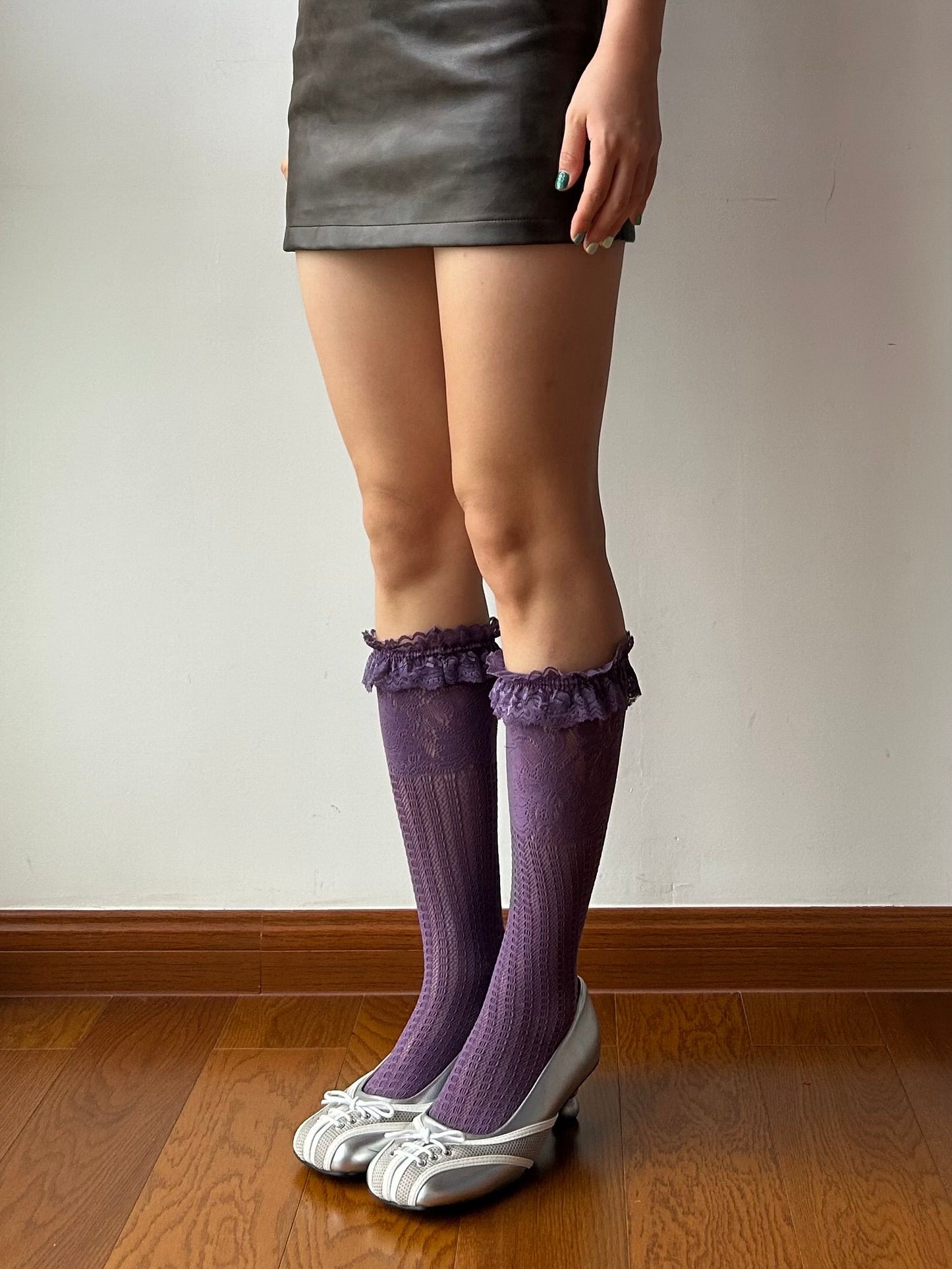 Purple Ruffle Fishnet Knee High Socks