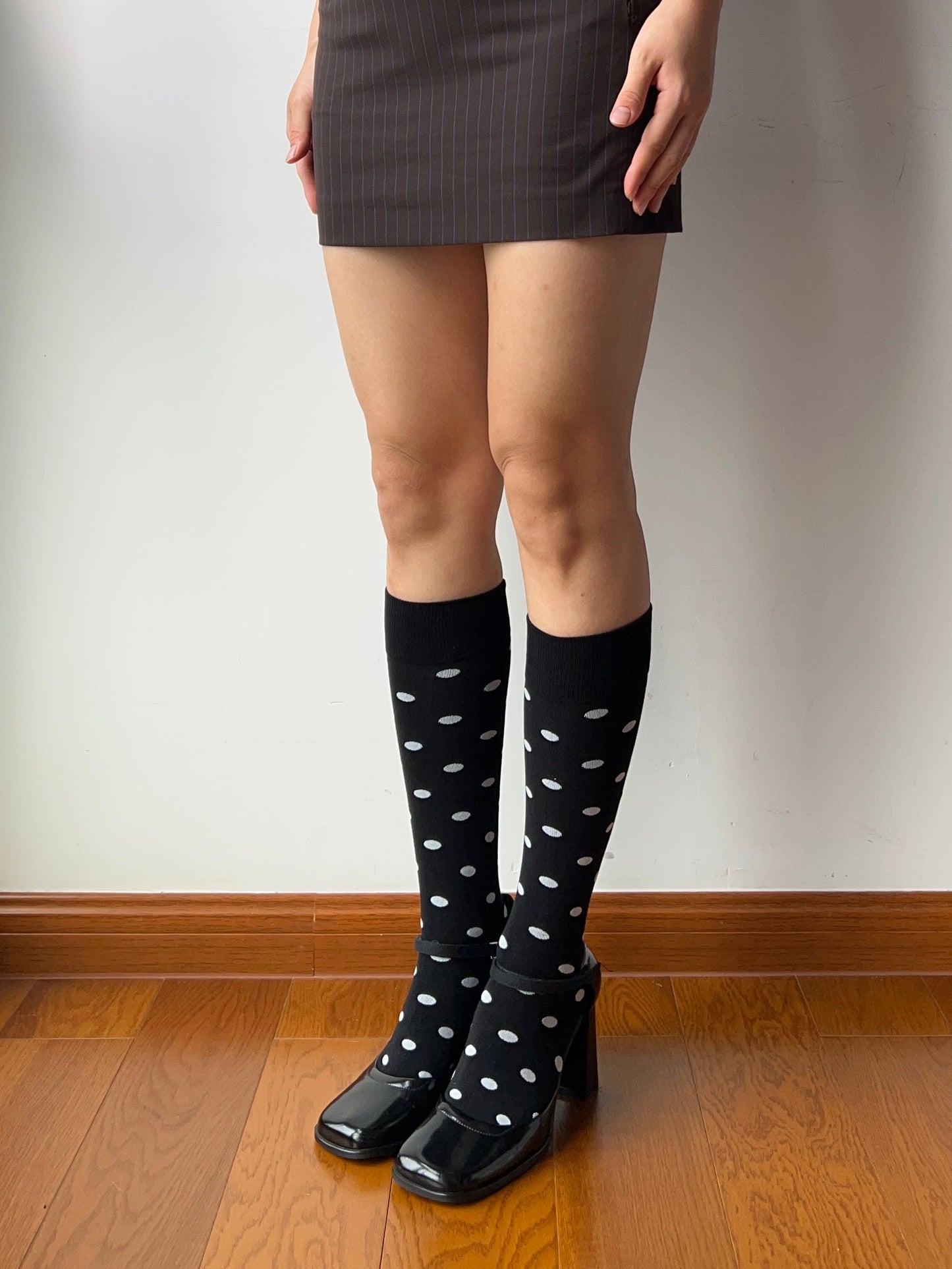 Black Polka Dots Cotton Knee High Socks