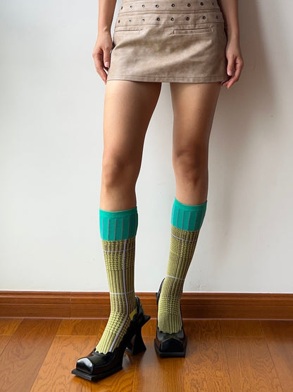 Mint Green + Yellow Cotton Knee High Socks