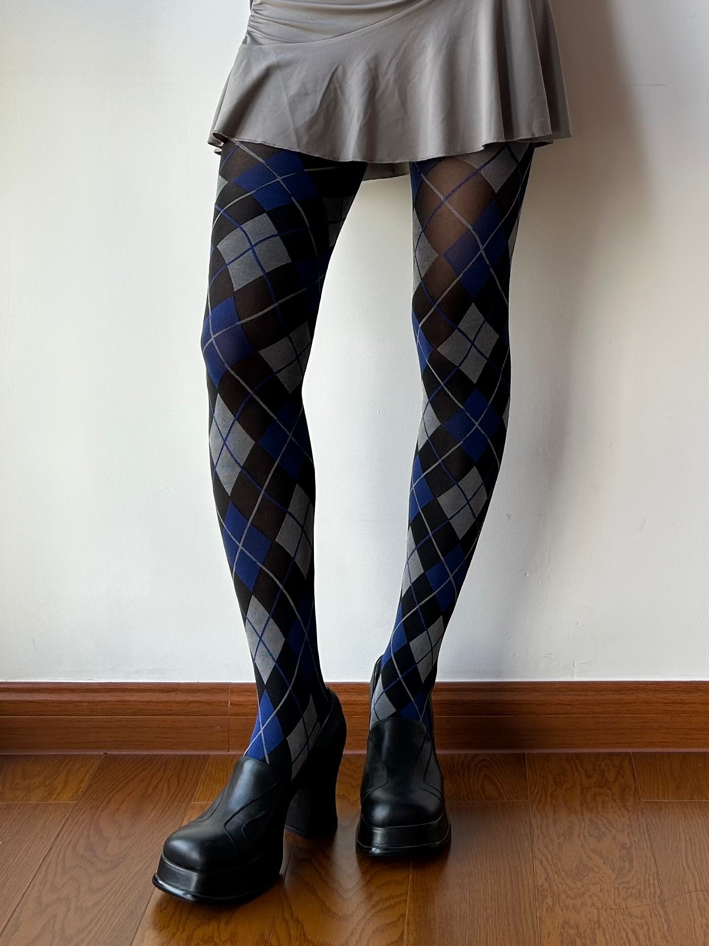 Vintage Style Blue Check Pattern Tights