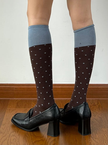 Dark Brown+Blue Contrasting Knee High Socks