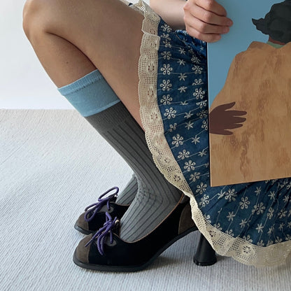 Blue+Grey Cotton Knee High Socks