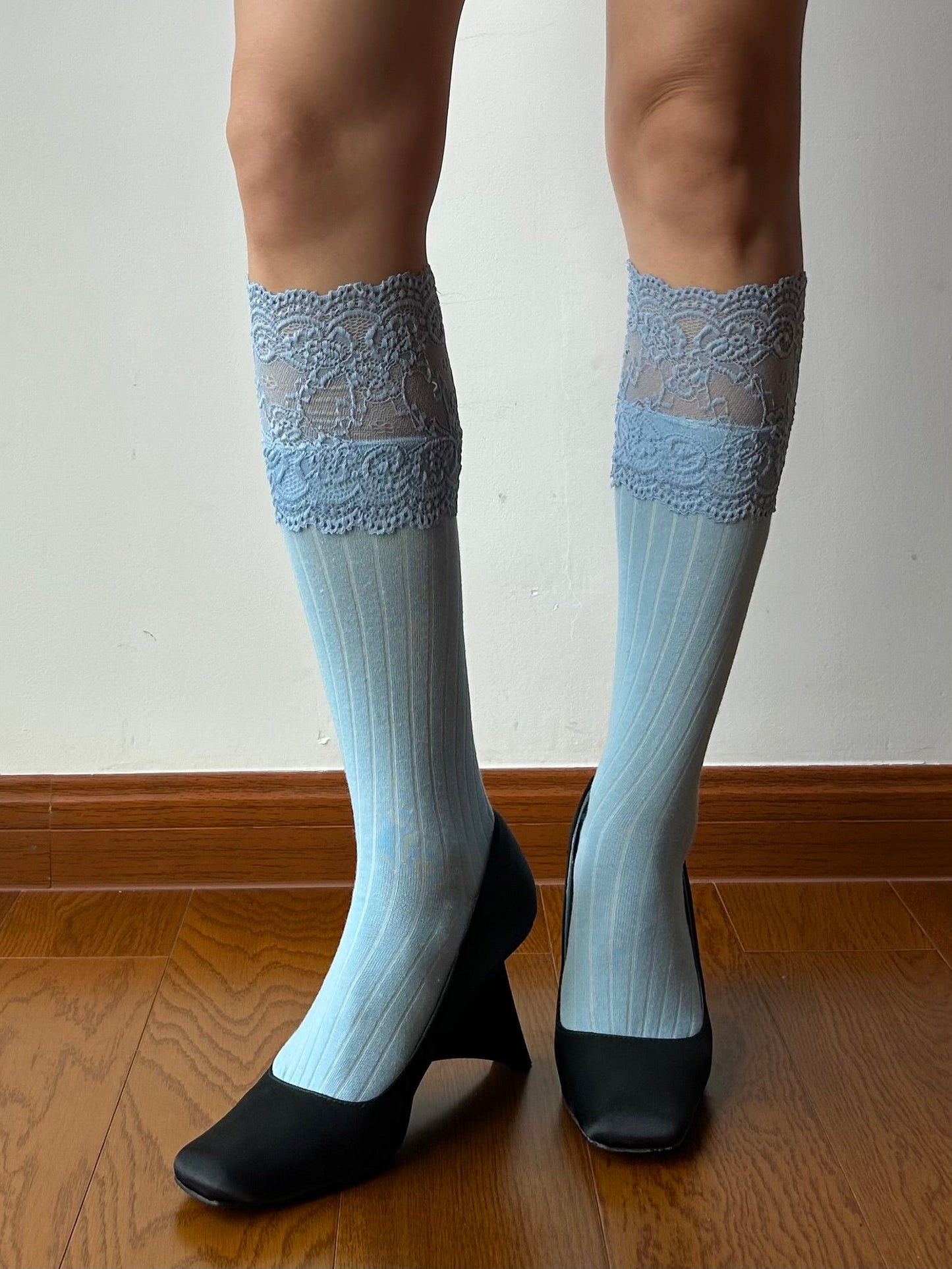 Blue Lace Edge Knee High Socks