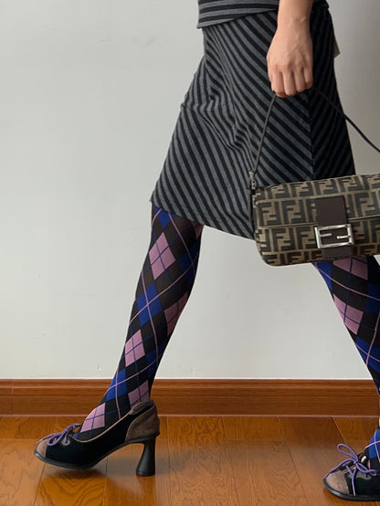 Vintage Style Purple Check Pattern Tights