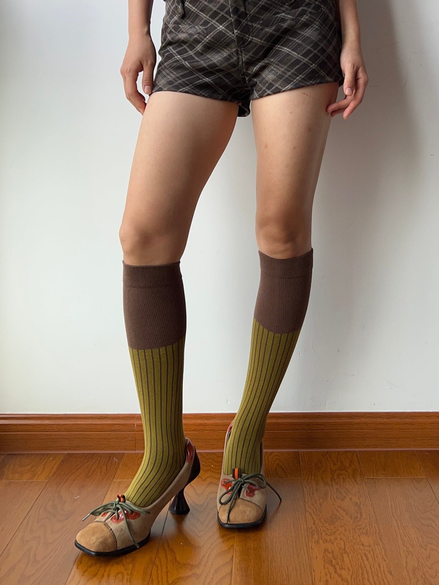 Yellow Green Contrasting Cotton Knee High Socks