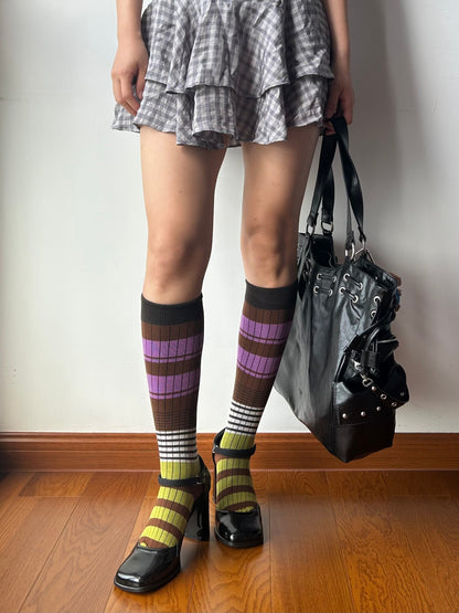 Olive Green+ Purple Stripe Cotton Knee High Socks
