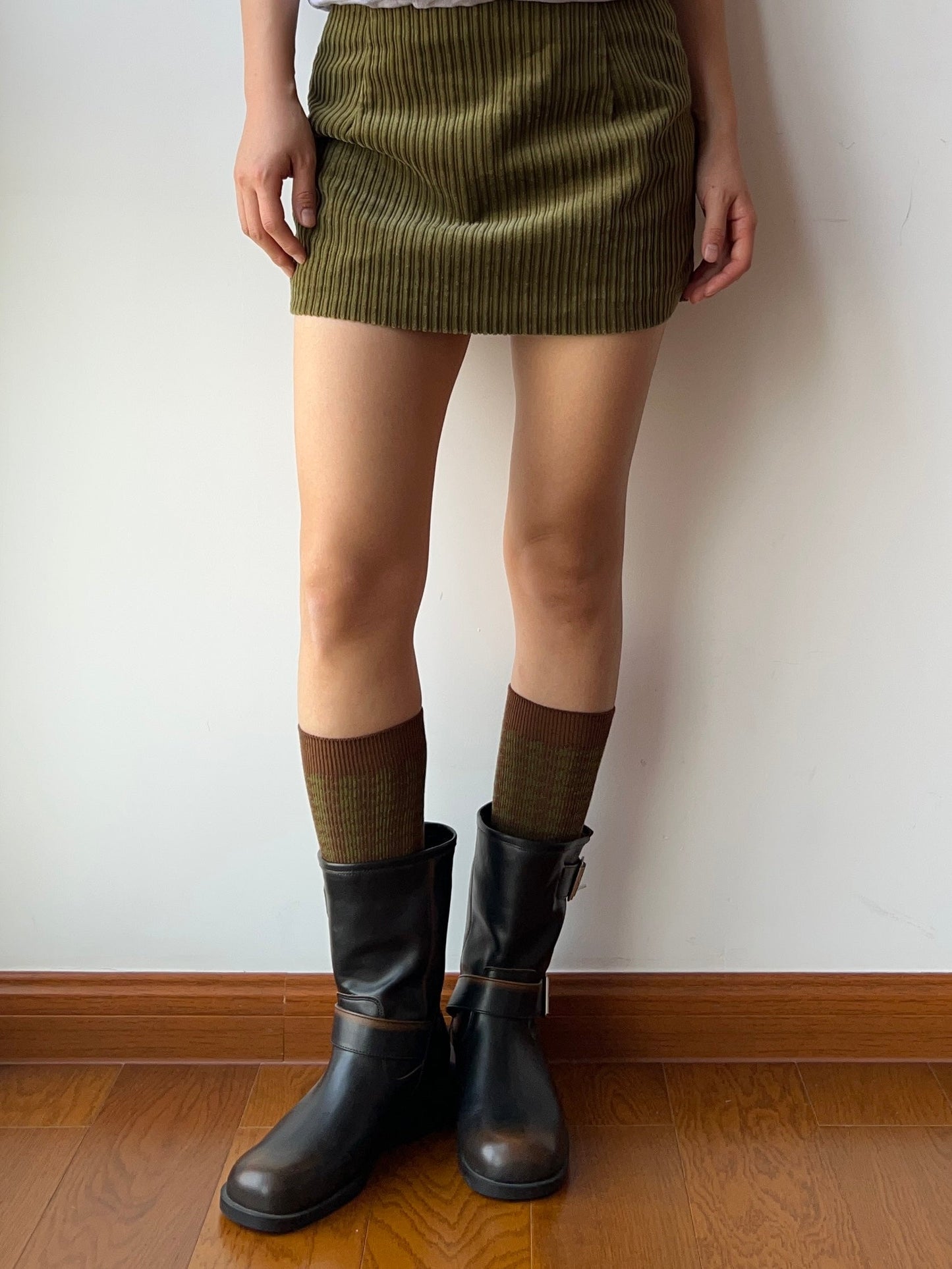 Olive Green+Dark Blue Double Knitting Knee High Socks