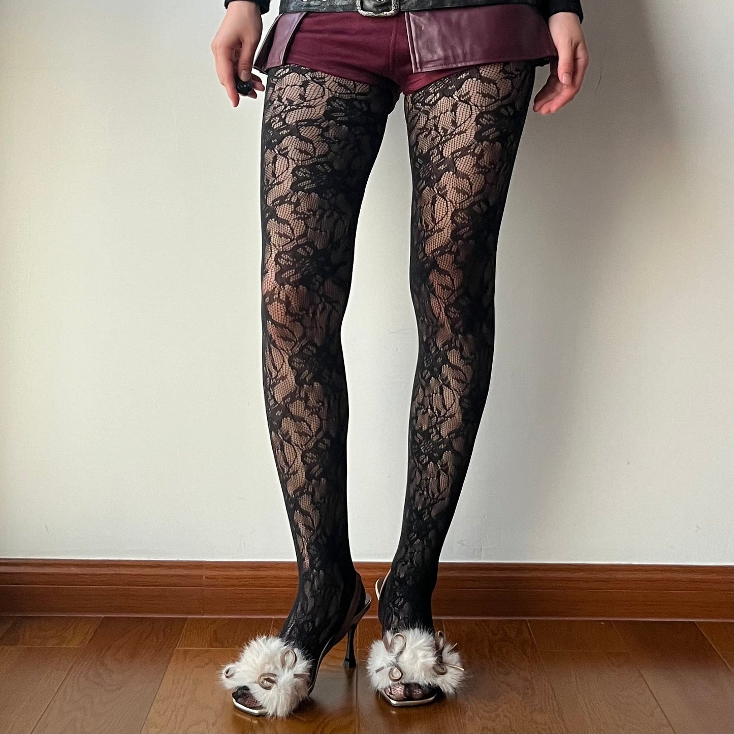 Black Floral Pattern Fishnet Tights