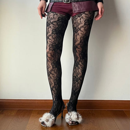 Black Floral Pattern Fishnet Tights