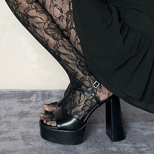 Black Floral Pattern Fishnet Tights