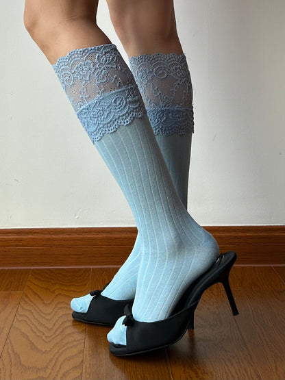 Blue Lace Edge Knee High Socks