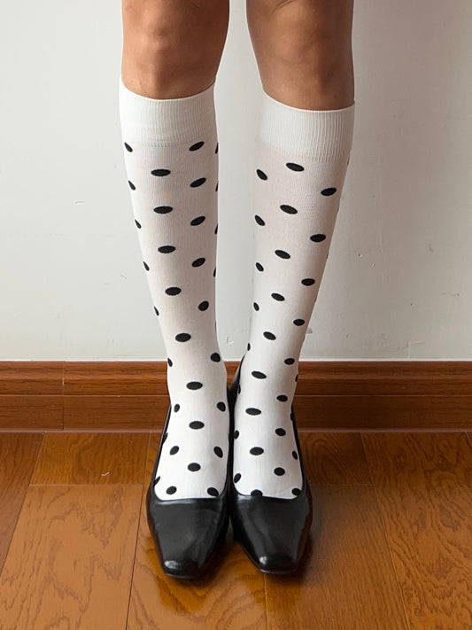 White Polka Dots Cotton Knee High Socks