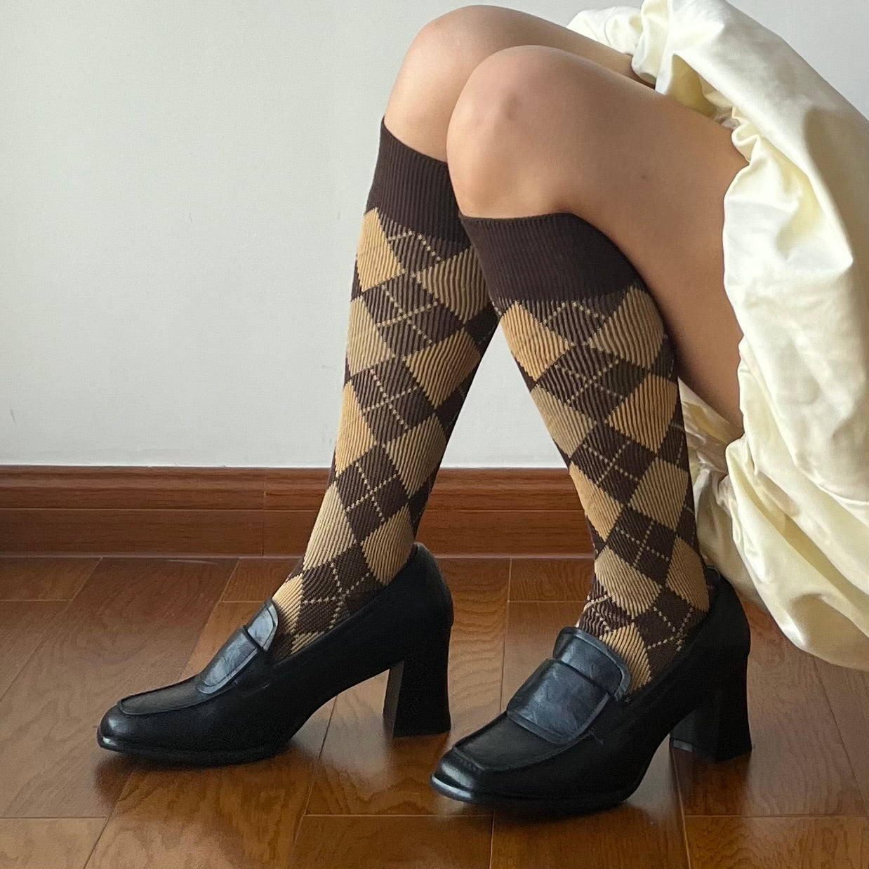 Brown Check Pattern Cotton Knee High Socks