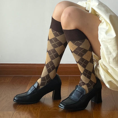 Brown Check Pattern Cotton Knee High Socks