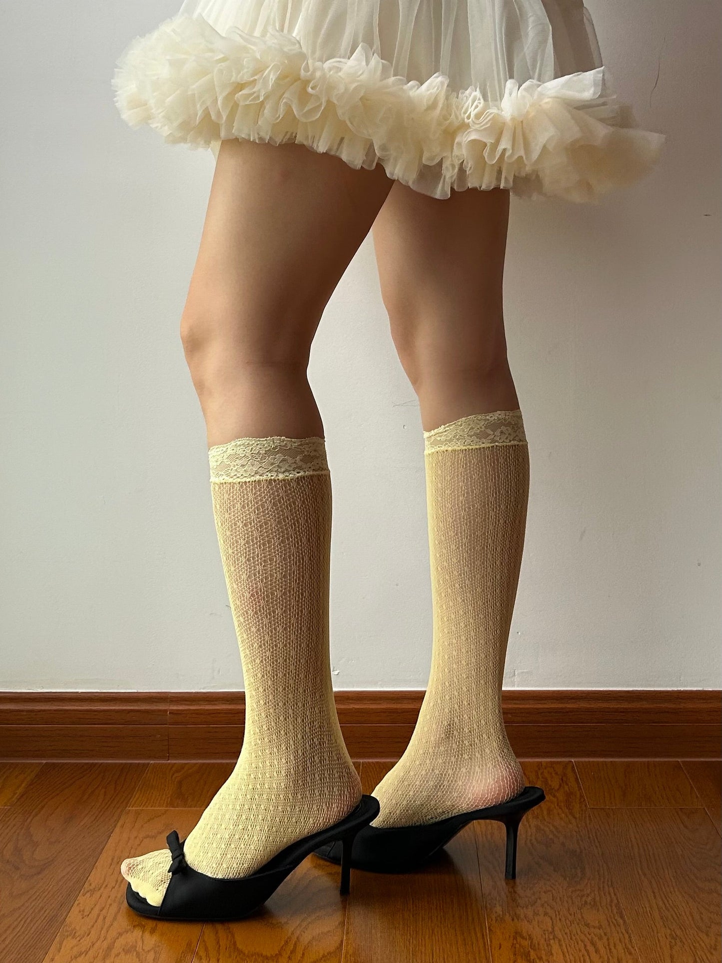 Yellow Lace Edge Fishnet Knee High Socks
