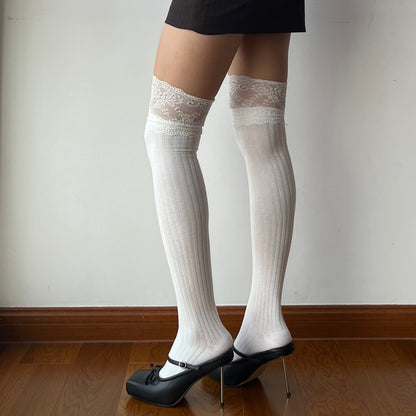 White Lace Cotton Over the Knee Socks