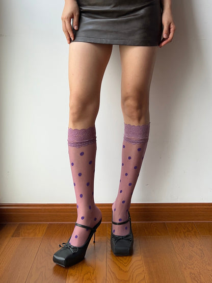 Purple Lace Edge Polka Dots Sheer Knee High Socks