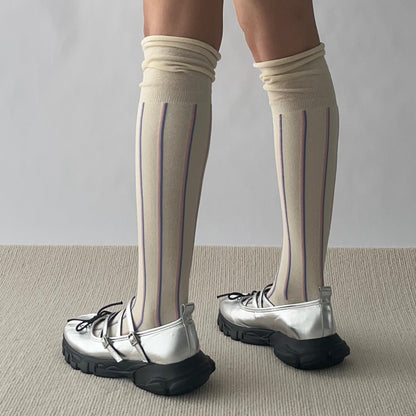 Beige Stripe Cotton Over the Knee Socks