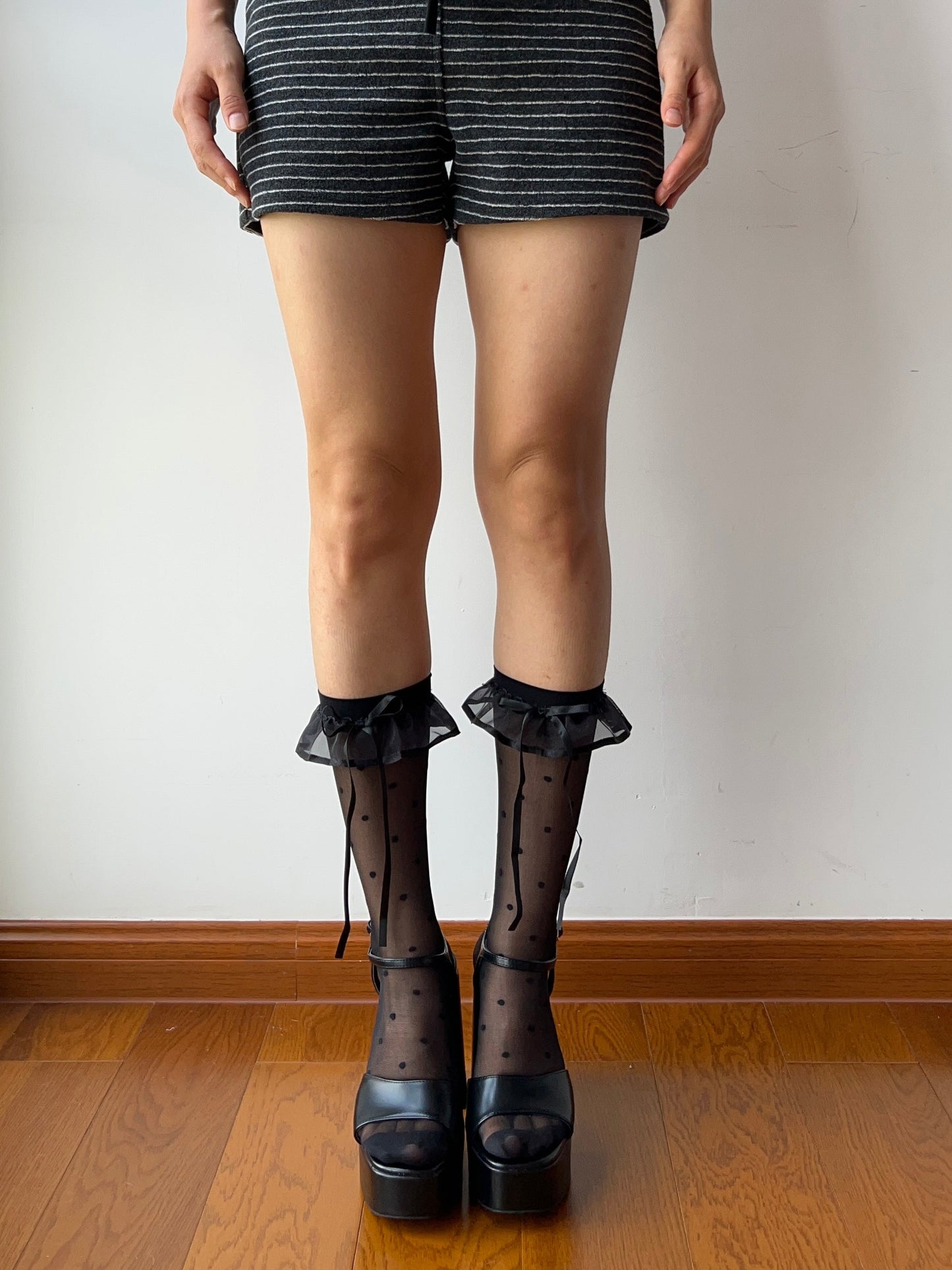 Black Ruffle Polka Dots Sheer Knee High Socks
