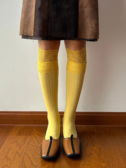 Yellow Lace Edge Knee High Socks