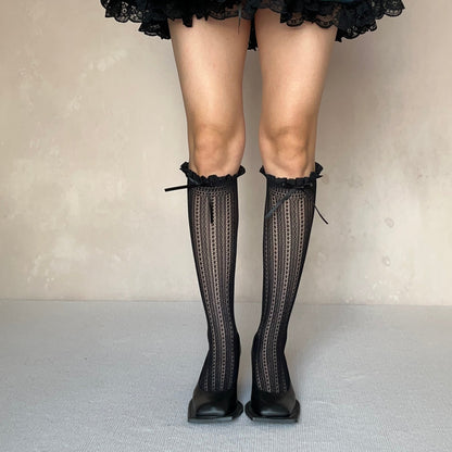 Black Ruffle Fishnet Knee High Socks