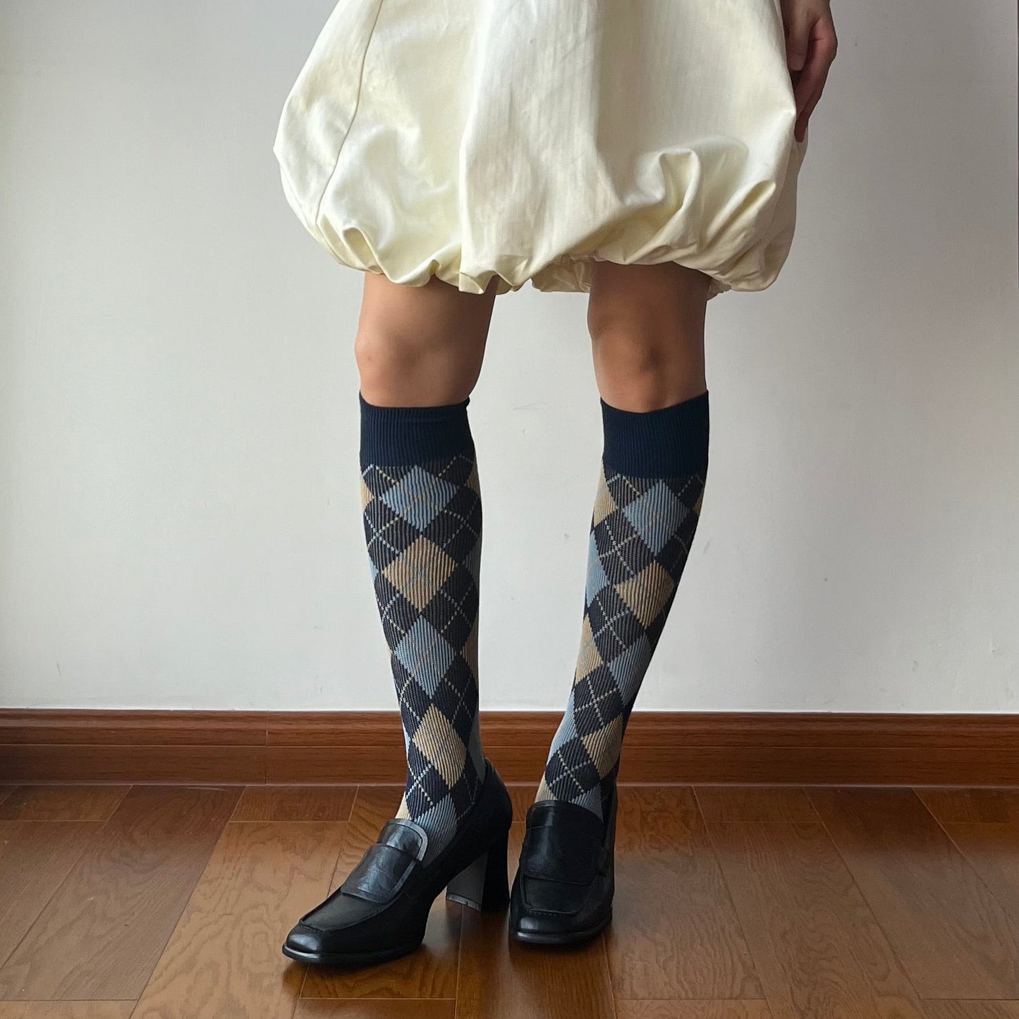 Blue Check Pattern Cotton Knee High Socks