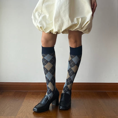 Blue Check Pattern Cotton Knee High Socks