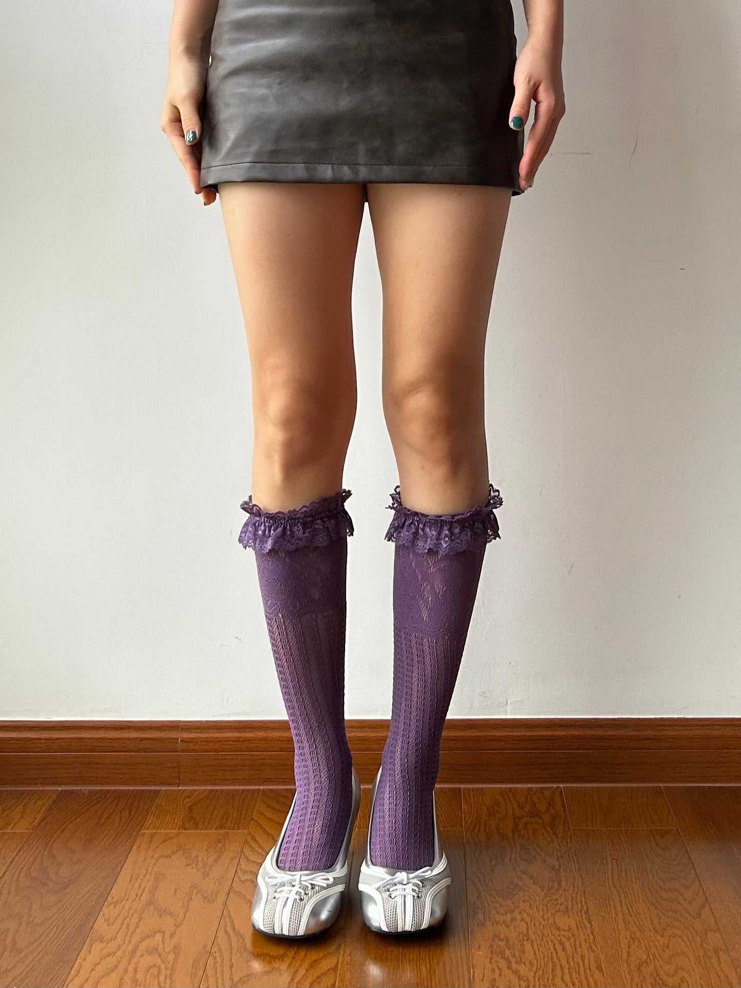 Purple Ruffle Fishnet Knee High Socks