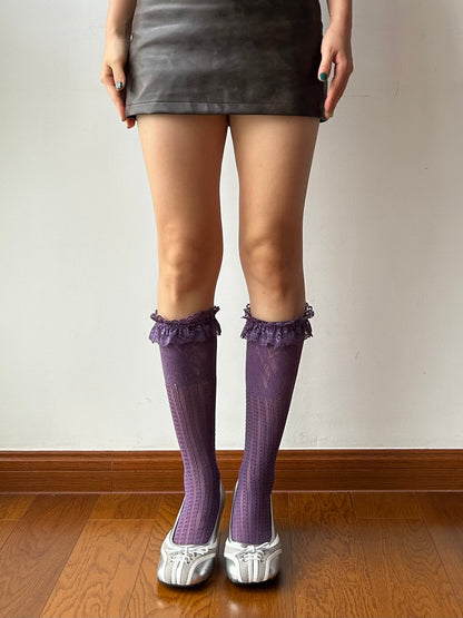 Purple Ruffle Fishnet Knee High Socks