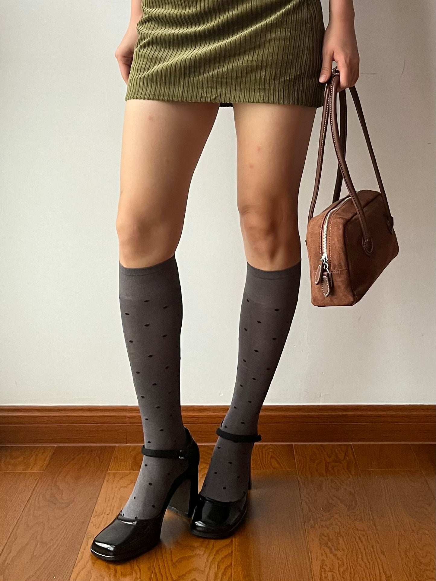Smokey Grey Polka Dots 240N Modal Knee High Socks