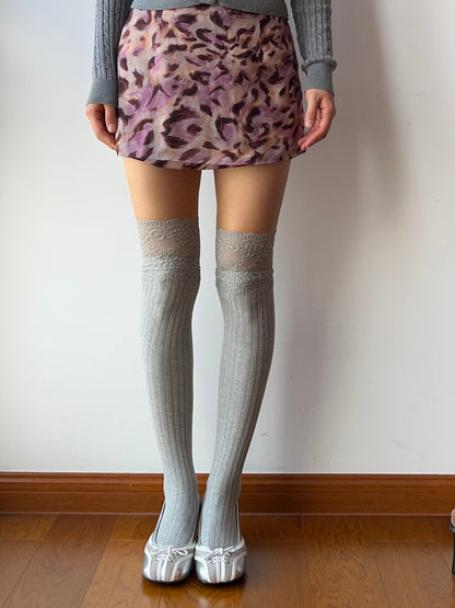Grey Lace Cotton Over the Knee Socks
