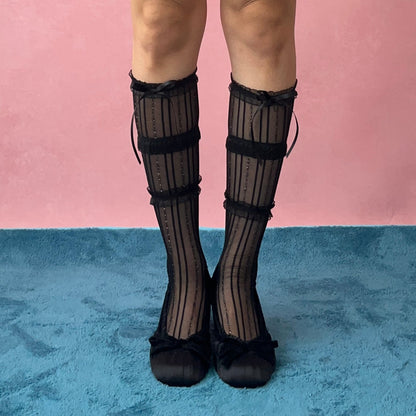 Black Bow Deco Ruffle Mesh Knee High Socks