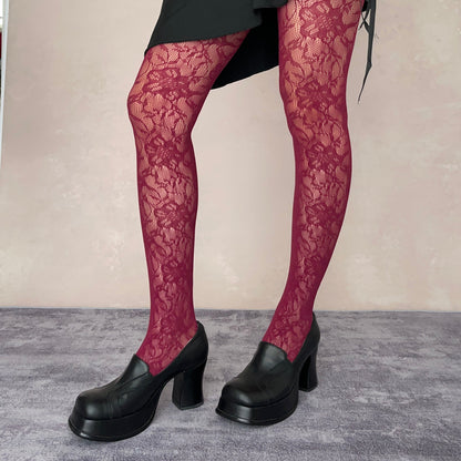 Burgundy Floral Pattern Fishnet Tights