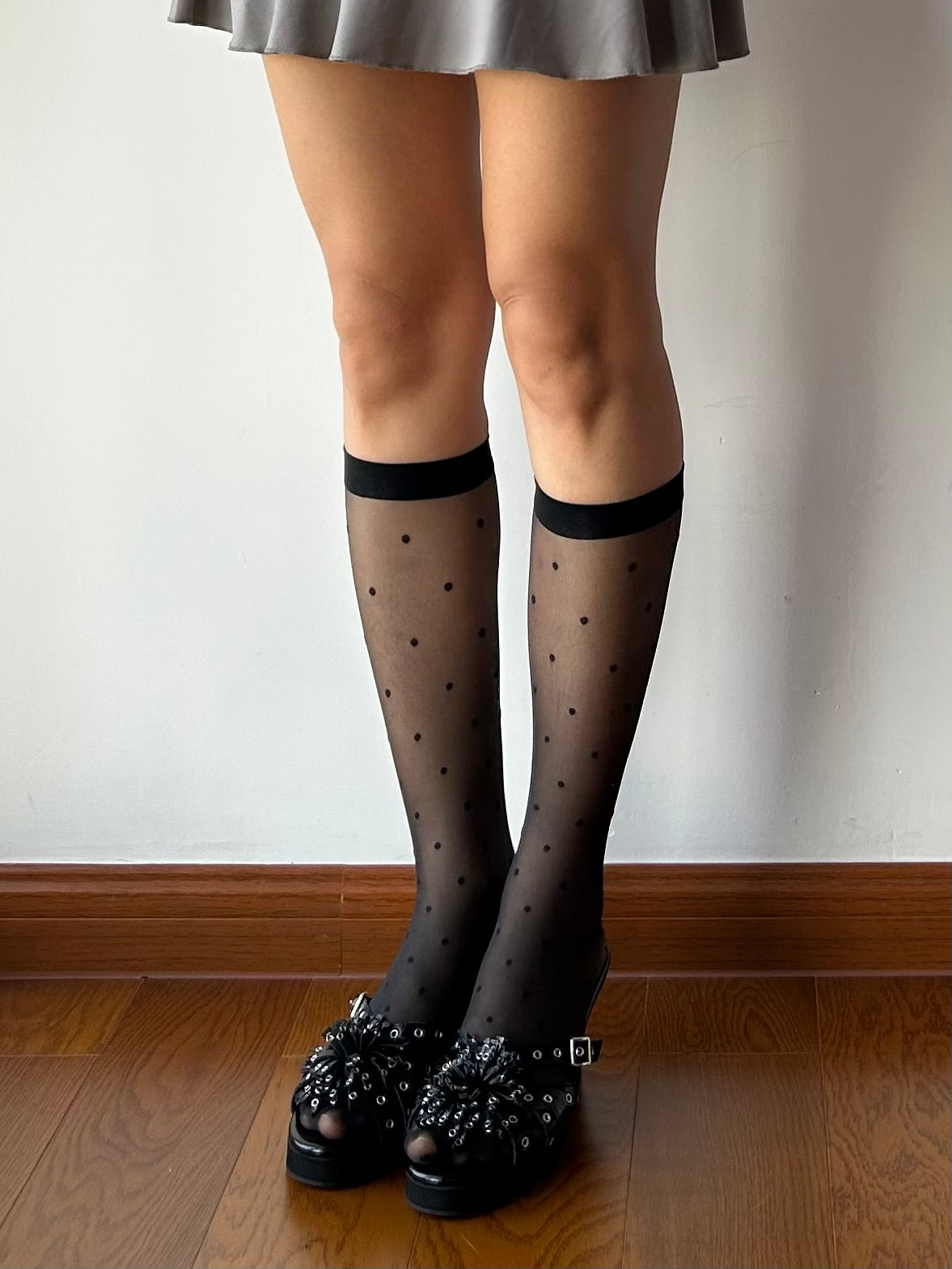 Black Polka Dots Sheer Knee High Socks