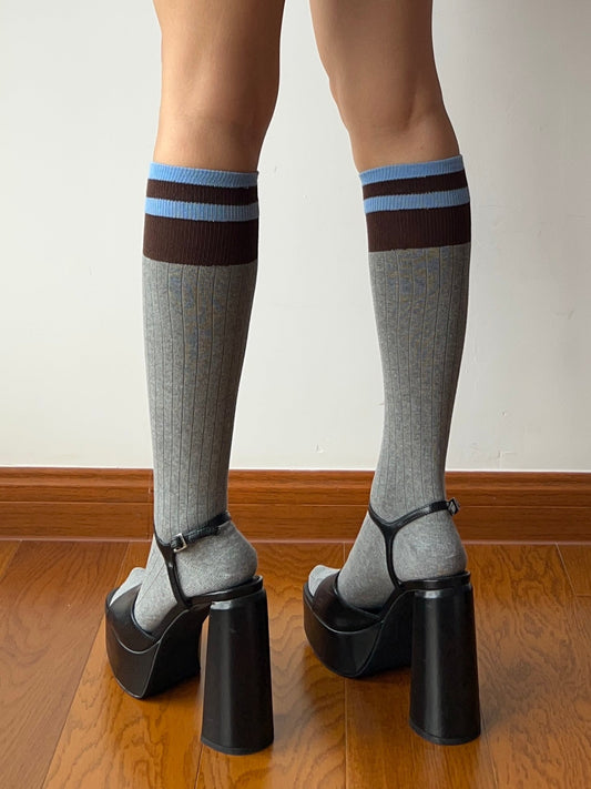 Grey Stripe Cotton Knee High Socks
