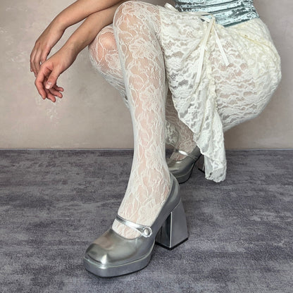 Lake Blue Floral Pattern Fishnet Tights